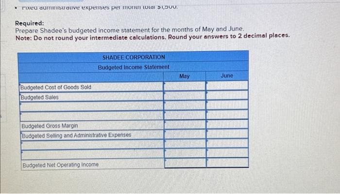 rixed duministrative expenses per month total $1,500.
Required:
Prepare Shadee's budgeted income statement for the months of May and June.
Note: Do not round your intermediate calculations. Round your answers to 2 decimal places.
Budgeted Cost of Goods Sold
Budgeted Sales
SHADEE CORPORATION
Budgeted Income Statement
Budgeted Gross Margin
Budgeted Selling and Administrative Expenses
Budgeted Net Operating Income
May
June