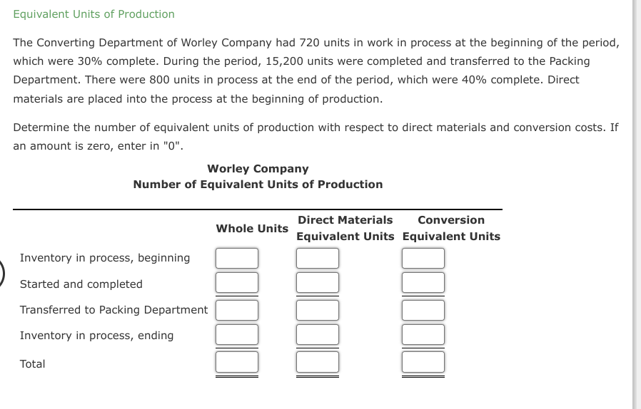 Equivalent Units of Production
The Converting Department of Worley Company had 720 units in work in process at the beginning of the period,
which were 30% complete. During the period, 15,200 units were completed and transferred to the Packing
Department. There were 800 units in process at the end of the period, which were 40% complete. Direct
materials are placed into the process at the beginning of production.
Determine the number of equivalent units of production with respect to direct materials and conversion costs. If
an amount is zero, enter in "0".
Worley Company
Number of Equivalent Units of Production
Inventory in process, beginning
Started and completed
Transferred to Packing Department
Inventory in process, ending
Total
Whole Units
Direct Materials
Conversion
Equivalent Units Equivalent Units
10001