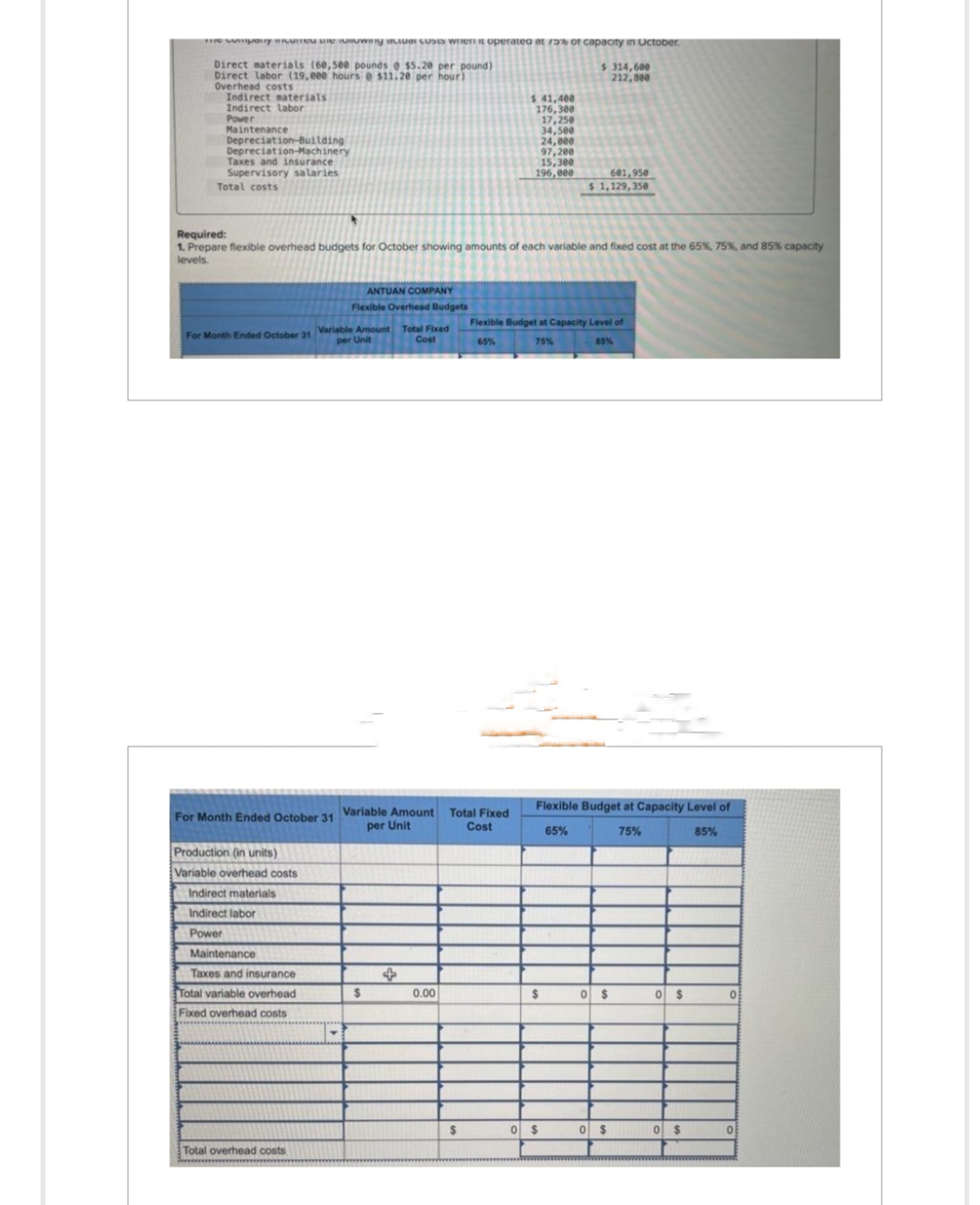 the company cure the mowing actuar costs when it operated at 75% of capacity in October.
writer
Direct materials (60,5ee pounds @ $5.20 per pound)
Direct labor (19,eee hours e $11.20 per hour)
Overhead costs
Indirect materials
Indirect labor
Power
Maintenance
Depreciation-Building
Depreciation-Machinery
Taxes and insurance
Supervisory salaries
Total costs
Flexible Overhead Budgets
For Month Ended October 31 Variable Amount Total Fixed
per Unit
Cost
Required:
1. Prepare flexible overhead budgets for October showing amounts of each variable and fixed cost at the 65%, 75%, and 85% capacity
levels.
Production (in units)
Variable overhead costs
Indirect materials
Indirect labor
Power
For Month Ended October 31 Variable Amount Total Fixed
per Unit
Cost
Maintenance
Taxes and insurance
Total variable overhead
Fixed overhead costs
Total overhead costs
ANTUAN COMPANY
▾
$
0.00
$ 41,400
176,300
17,250
34,500
24,000
97,200
15,300
196,000
$
$ 314,600
212,800
Flexible Budget at Capacity Level of
65%
75%
85%
601,950
$ 1,129,350
$
Flexible Budget at Capacity Level of
65%
75%
85%
0 $
0 $
0 $
0 $
0 $
0
0