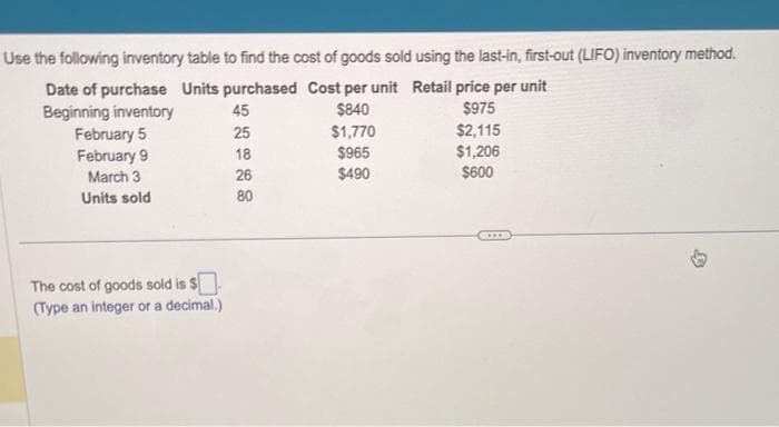 Use the following inventory table to find the cost of goods sold using the last-in, first-out (LIFO) inventory method.
Date of purchase Units purchased Cost per unit Retail price per unit
$840
$975
$1,770
$2,115
$965
$1,206
$490
$600
Beginning inventory
February 5
February 9
March 3
Units sold
The cost of goods sold is $
(Type an integer or a decimal.)
45
25
18
26
80