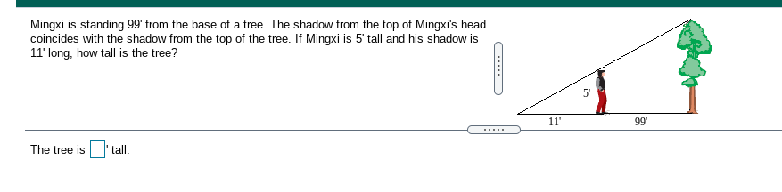Mingxi is standing 99' from the base of a tree. The shadow from the top of Mingxi's head
coincides with the shadow from the top of the tree. If Mingxi is 5' tall and his shadow is
11' long, how tall is the tree?
11'
9"
.....
The tree is tall.
in
