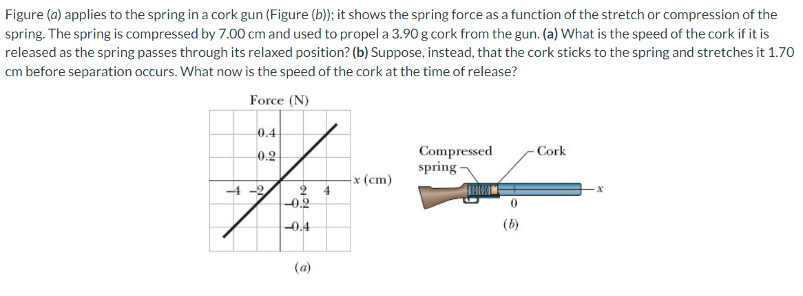 Figure (a) applies to the spring in a cork gun (Figure (b)); it shows the spring force as a function of the stretch or compression of the
spring. The spring is compressed by 7.00 cm and used to propel a 3.90 g cork from the gun. (a) What is the speed of the cork if it is
released as the spring passes through its relaxed position? (b) Suppose, instead, that the cork sticks to the spring and stretches it 1.70
cm before separation occurs. What now is the speed of the cork at the time of release?
Force (N)
0.4
0.2
-4-2
2 4
-0.2
-0.4
(a)
x (cm)
Compressed
spring.
0
(b)
Cork