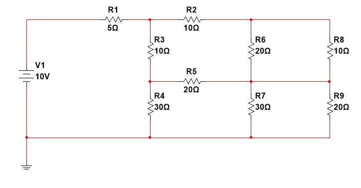 R1
R2
50
100
R3
R6
R8
100
200
'10Ω
V1
R5
-10V
200
R4
R7
30Ω
R9
200
30Ω
