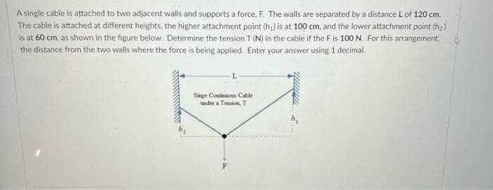 A single cable is attached to two adjacent walls and supports a force, F. The walls are separated by a distance L of 120 cm.
The cable is attached at different heights, the higher attachment point (h₁) is at 100 cm, and the lower attachment point (h2)
is at 60 cm, as shown in the figure below. Determine the tension T (N) in the cable if the F is 100 N. For this arrangement,
the distance from the two walls where the force is being applied. Enter your answer using 1 decimal.
Singe Continuous Cable
under a Tension, T