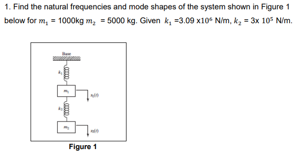 1. Find the natural frequencies and mode shapes of the system shown in Figure 1
below for m, = 1000kg m, = 5000 kg. Given k, =3.09 x106 N/m, k2 = 3x 105 N/m.
Base
4(4)
Figure 1
