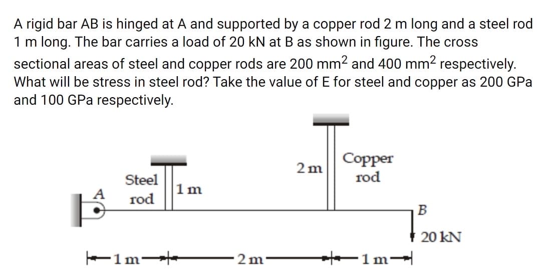 A rigid bar AB is hinged at A and supported by a copper rod 2 m long and a steel rod
1 m long. The bar carries a load of 20 kN at B as shown in figure. The cross
sectional areas of steel and copper rods are 200 mm2 and 400 mm2 respectively.
What will be stress in steel rod? Take the value of E for steel and copper as 200 GPa
and 100 GPa respectively.
Copper
rod
2 m
Steel
1 m
rod
B
20 kN
F1m-
2m 1m¬|
