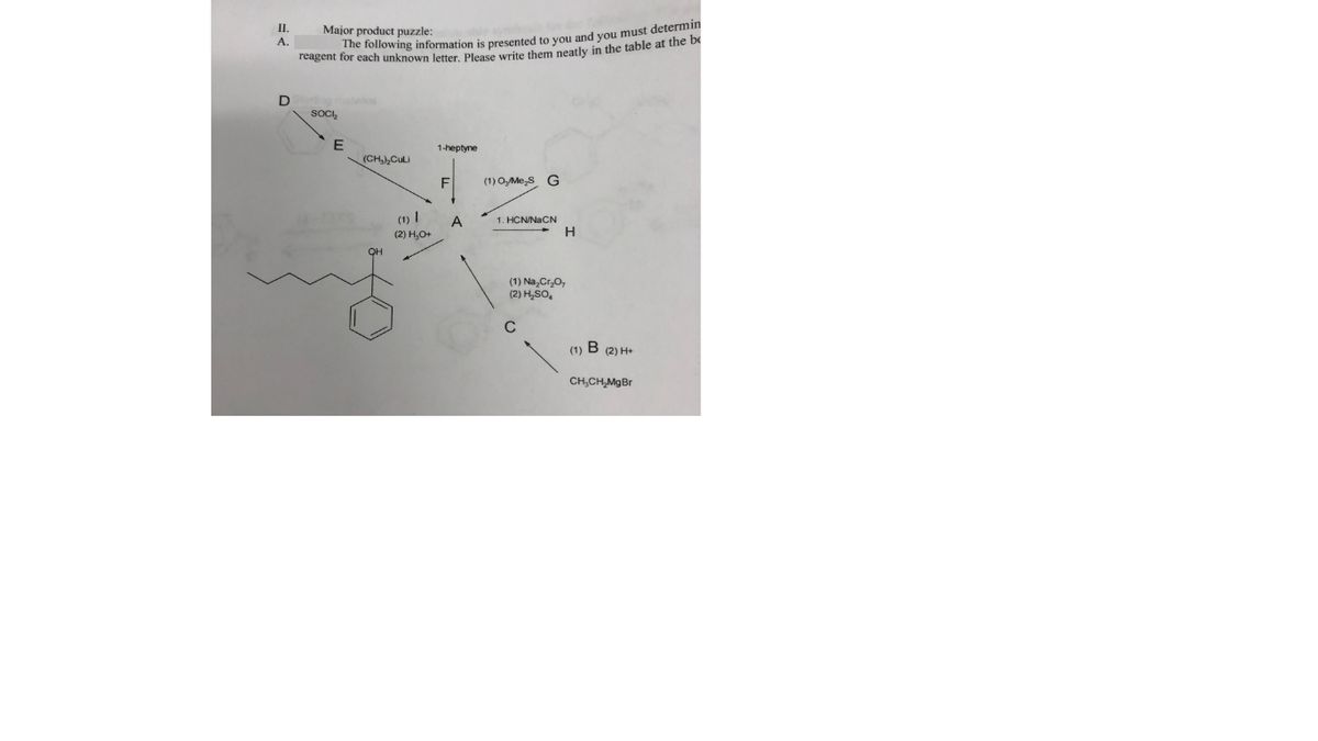 II.
Major product puzzle:
A.
D
SOCI,
1-heptyne
(CH,,CuLi
(1) OMe,s G
(1) I
A
(2) H,O+
1. HCN/NACN
H
QH
(1) Na, Cr,O,
(2) H,So,
(1) B (2) H+
CH,CH,MgBr
