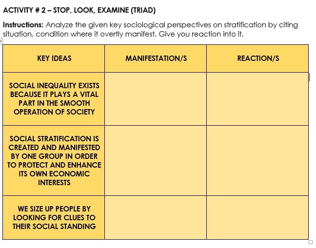 ACTIVITY # 2- STOP, LOOK, EXAMINE (TRIAD)
Instructions: Analyze the given key sociological perspectives on stratification by citing
situation, condition where it overtly manifest. Give you reaction into it.
KEY IDEAS
MANIFESTATION/S
REACTION/S
SOCIAL INEQUALITY EXISTS
BECAUSE IT PLAYS A VITAL
PART IN THE SMOOTH
OPERATION OF SOCIETY
SOCIAL STRATIFICATION IS
CREATED AND MANIFESTED
BY ONE GROUP IN ORDER
TO PROTECT AND ENHANCE
ITS OWN ECONOMIC
INTERESTS
WE SIZE UP PEOPLE BY
LOOKING FOR CLUES TO
THEIR SOCIAL STANDING
