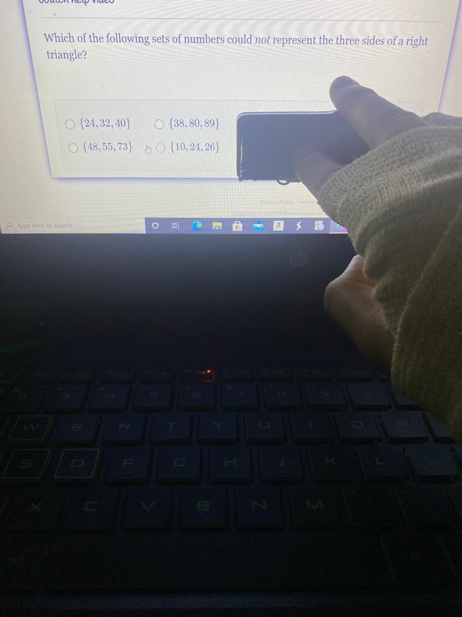 **Mathematics Question: Determining Right Triangles**

**Which of the following sets of numbers could **not** represent the three sides of a right triangle?**

1. ( ) {24, 32, 40}
2. ( ) {38, 80, 89}
3. ( ) {48, 55, 73}
4. ( ) {10, 24, 26}

To determine which of these sets does not form a right triangle, recall that for any set of three numbers to represent the sides of a right triangle, the Pythagorean theorem must hold true:

\[ a^2 + b^2 = c^2 \]

where \( c \) is the hypotenuse (the longest side of the triangle), and \( a \) and \( b \) are the other two sides. 

Evaluate each set:

1. **{24, 32, 40}**
   \[ 24^2 + 32^2 = 576 + 1024 = 1600 \]
   \[ 40^2 = 1600 \]
   This set satisfies the Pythagorean theorem.

2. **{38, 80, 89}**
   \[ 38^2 + 80^2 = 1444 + 6400 = 7844 \]
   \[ 89^2 = 7921 \]
   This set does not satisfy the Pythagorean theorem.

3. **{48, 55, 73}**
   \[ 48^2 + 55^2 = 2304 + 3025 = 5329 \]
   \[ 73^2 = 5329 \]
   This set satisfies the Pythagorean theorem.

4. **{10, 24, 26}**
   \[ 10^2 + 24^2 = 100 + 576 = 676 \]
   \[ 26^2 = 676 \]
   This set satisfies the Pythagorean theorem.

The set **{38, 80, 89}** could **not** represent the three sides of a right triangle.