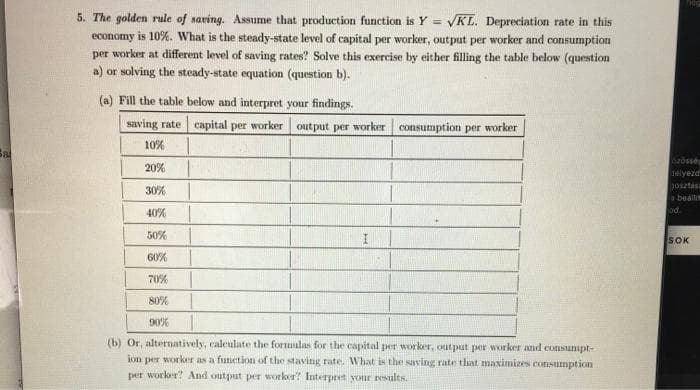 5. The golden rule of saving. Assume that production function is Y = √KL. Depreciation rate in this
economy is 10%. What is the steady-state level of capital per worker, output per worker and consumption
per worker at different level of saving rates? Solve this exercise by either filling the table below (question
a) or solving the steady-state equation (question b).
(a) Fill the table below and interpret your findings.
saving rate capital per worker output per worker consumption per worker
10%
20%
30%
40%
50%
60%
70%
80%
90%
(b) Or, alternatively, calculate the formulas for the capital per worker, output per worker and consumpt-
ion per worker as a function of the staying rate. What is the saving rate that maximizes consumption
per worker? And output per worker? Interpret your results.
hog
özösség
selyezd
osztása
a beallin
od.
SOK