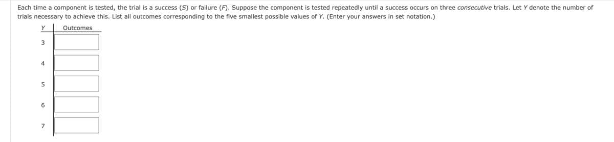 Each time a component is tested, the trial is a success (S) or failure (F). Suppose the component is tested repeatedly until a success occurs on three consecutive trials. Let Y denote the number of
trials necessary to achieve this. List all outcomes corresponding to the five smallest possible values of Y. (Enter your answers in set notation.)
Y
Outcomes
3
4
5
6