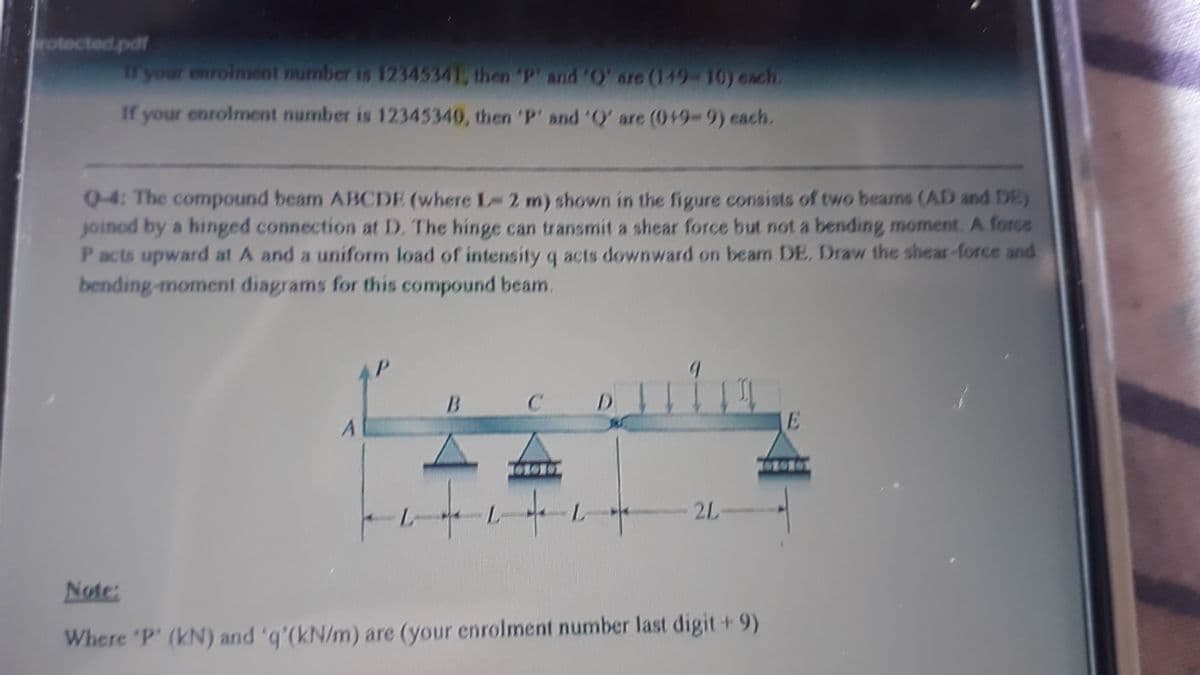 rotected.pdf
H your enrolment number is 12345341, then P and 'O' are (149-10) cach.
If your enrolment number is 12345340, then 'p' and 'Q' are (0+9-9) each.
0-4: The compound beam ABCDE (where L 2 m) shown in the figure consists of two beams (AD and DE)
joinod by a hinged connection at D. The hinge can transmit a shear force but not a bending moment. A force
P acts upward at A and a uniform load of intensity q acts downward on beam DE, Draw the shear-force and
bending-moment diagrams for this compound beam
D.
2L-
Note:
Where 'P' (kN) and 'q'(kN/m) are (your enrolment number last digit + 9)
