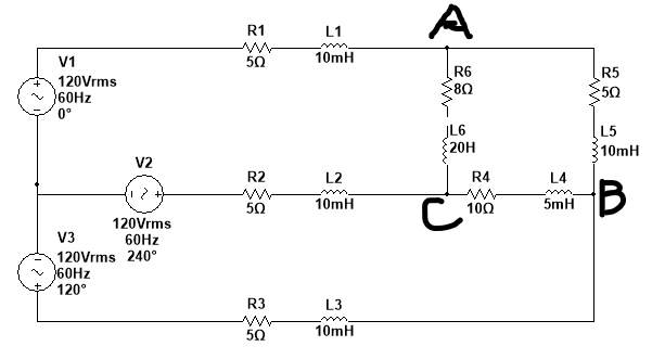 A
R1
L1
V1
50
10mH
R6
80
R5
120Vrms
60HZ
0°
50
L5
JL6
20H
10mH
V2
R2
L2
R4
L4
B
10mH
5mH
50
100
120Vrms
60HZ
V3
120Vrms 240°
60HZ
120°
R3
L3
wm.
50
10mH
