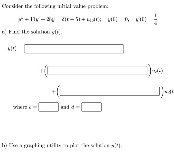 Consider the following initial value problem:
y" + 11y' + 28y = d(t – 5)+ u10(t);
y(0) = 0, y(0)
|
a) Find the solution y(t).
y(t) =
+
Uc(t)
ua(t
where c=
and d
%3D
b) Use a graphing utility to plot the solution y(t).
