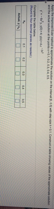 Apply the improved Euler method to approximate the solution on the interval (0, 0.5] with step size ha 0.1. Construct a table showing valL
and the actual solution at the points x0.1, 0.2, 0.3, 0.4, 0.5
y' -6xy, y(0) = 4; y(x) 4e
-2
Complete the table below.
(Round to four decimal places as needed.)
0.1
0.2
0.3
0.4
0.5
Actual, y (
