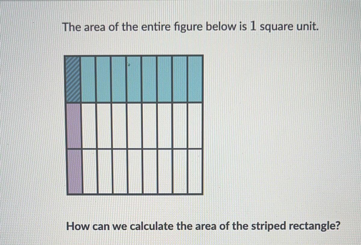 The area of the entire figure below is 1 square unit.
How can we calculate the area of the striped rectangle?
