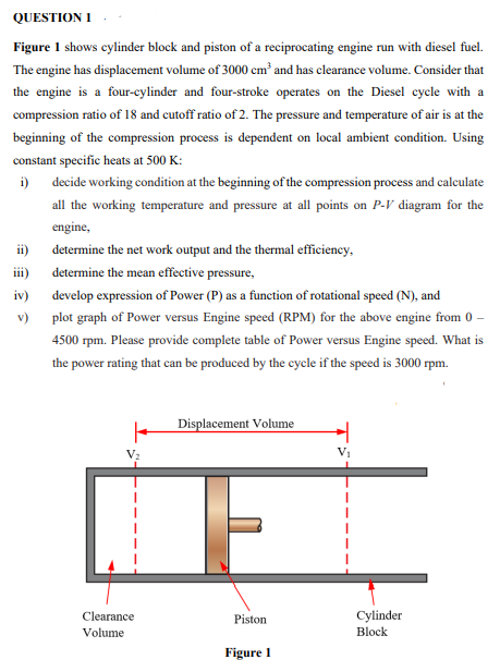 QUESTION I
Figure 1 shows cylinder block and piston of a reciprocating engine run with diesel fuel.
The engine has displacement volume of 3000 cm and has clearance volume. Consider that
the engine is a four-cylinder and four-stroke operates on the Diesel cycle with a
compression ratio of 18 and cutoff ratio of 2. The pressure and temperature of air is at the
beginning of the compression process is dependent on local ambient condition. Using
constant specific heats at 500 K:
i) decide working condition at the beginning of the compression process and calculate
all the working temperature and pressure at all points on P-V diagram for the
engine,
ii)
determine the net work output and the thermal efficiency,
iii)
determine the mean effective pressure,
iv)
develop expression of Power (P) as a function of rotational speed (N), and
v) plot graph of Power versus Engine speed (RPM) for the above engine from 0 –
4500 rpm. Please provide complete table of Power versus Engine speed. What is
the power rating that can be produced by the cycle if the speed is 3000 rpm.
Displacement Volume
V2
V1
Clearance
Piston
Cylinder
Volume
Block
Figure 1
