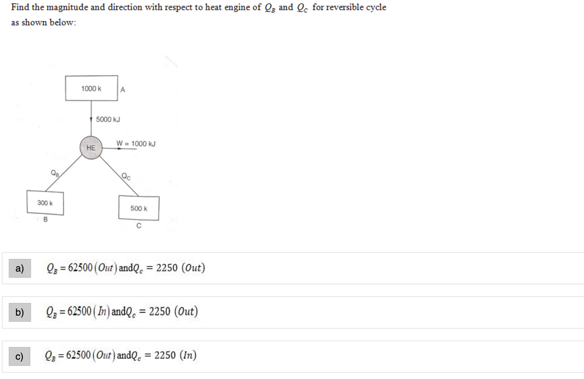 Find the magnitude and direction with respect to heat engine of Q3 and Qc for reversible cycle
as shown below:
1000 k
A
5000 kJ
W = 1000 kJ
НЕ
QB
Qc
300 k
500 k
Q3 = 62500 (Out) andQ. = 2250 (Out)
%3D
a)
%3D
Q3 = 62500 ( In) andQ. = 2250 (Out)
%3D
b)
Q3 = 62500 (Out) andQ. = 2250 (In)
