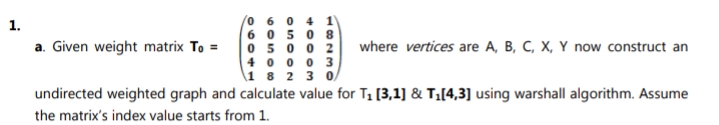 0 6 0
6 0 5 0 8
0 5 0 0 2
4 0 0 0 3
1 823 0/
4 1
1.
a. Given weight matrix To =
where vertices are A, B, C, X, Y now construct an
undirected weighted graph and calculate value for T1 [3,1] & T¡[4,3] using warshall algorithm. Assume
the matrix's index value starts from 1.
