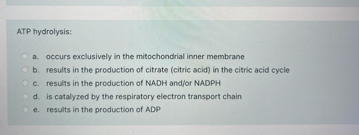 ATP hydrolysis:
a.
occurs exclusively in the mitochondrial inner membrane
b. results in the production of citrate (citric acid) in the citric acid cycle
c. results in the production of NADH and/or NADPH
d. is catalyzed by the respiratory electron transport chain
e.
results in the production of ADP
