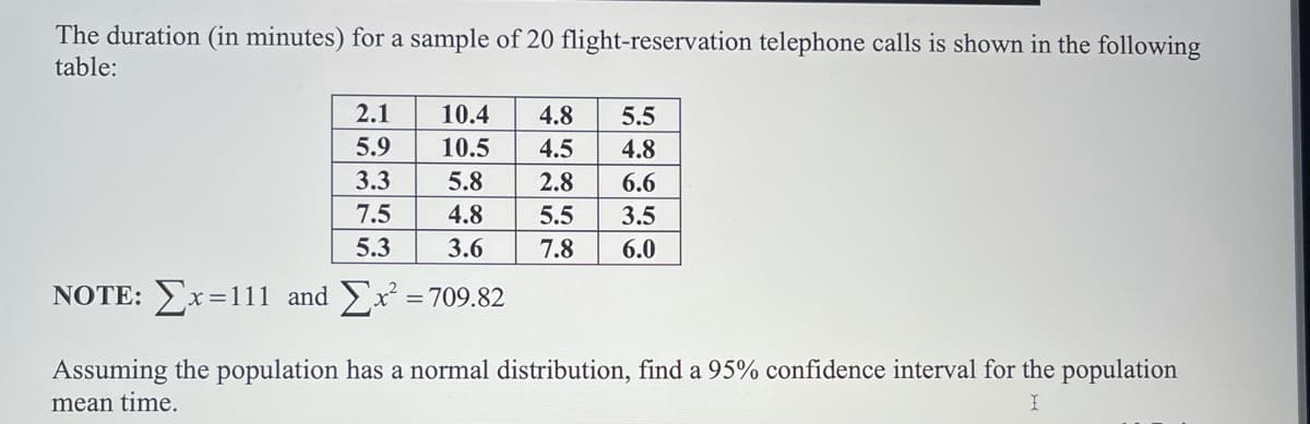 The duration (in minutes) for a sample of 20 flight-reservation telephone calls is shown in the following
table:
2.1
10.4
4.8
5.5
4.5
2.8
5.9
10.5
4.8
3.3
5.8
6.6
7.5
4.8
5.5
3.5
5.3
3.6
7.8
6.0
NOTE: Ex=111 and x = 709.82
Assuming the population has a normal distribution, find a 95% confidence interval for the population
mean time.
