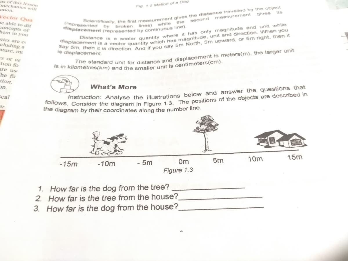 is in kilometres(km) and the smaller unit is centimeters(cm).
mechanics will
displacement (represented by continuous line).
us of this lesson
Fig 12 Motion of a Dog
otion.
its
gives
Vector Qua
pe able to dif
concepts of
hem in you
ities are c
cluding a
ature, ma
measurernent
second
the
(represented by
broken
lines) while
is displacement.
es or ve
tion fo
are us
The fu
tion.
on.
omotandard unit for distance and displacement is meters(m), the larger unit
What's More
sca]
Instruction: Analyse the illustrations below and answer the questions that
ar
the diagram by their coordinates along the number line.
10m
15m
-15m
-10m
- 5m
Om
5m
Figure 1.3
1. How far is the dog from the tree?
How far is the tree from the house?
3. How far is the dog from the house?
2.
