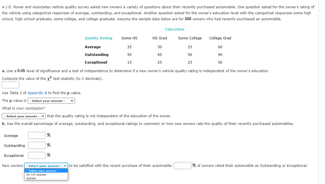 A J.D. Power and Associates vehicle quality survey asked new owners a variety of questions about their recently purchased automobile. One question asked for the owner's rating of
the vehicle using categorical responses of average, outstanding, and exceptional. Another question asked for the owner's education level with the categorical responses some high
school, high school graduate, some college, and college graduate. Assume the sample data below are for 500 owners who had recently purchased an automobile.
Education
Quality Rating
Some HS
HS Grad
Some College
College Grad
Average
35
30
25
60
Outstanding
50
45
50
90
Exceptional
15
25
25
50
a. Use a 0.05 level of significance and a test of independence to determine if a new owner's vehicle quality rating is independent of the owner's education.
Compute the value of the x test statistic (to 2 decimals).
Use Table 3 of Appendix B to find the p-value.
The p-value is - Select your answer -
What is your conclusion?
- Select your answer-
v that the quality rating is not independent of the education of the owner.
b. Use the overall percentage of average, outstanding, and exceptional ratings to comment on how new owners rate the quality of their recently purchased automobiles.
Average
%
Outstanding
%
Exceptional
%
New owners
Select your answer
v to be satisfied with the recent purchase of their automobile.
% of owners rated their automobile as Outstanding or Exceptional.
- Select your answer -
do not appear
appear
