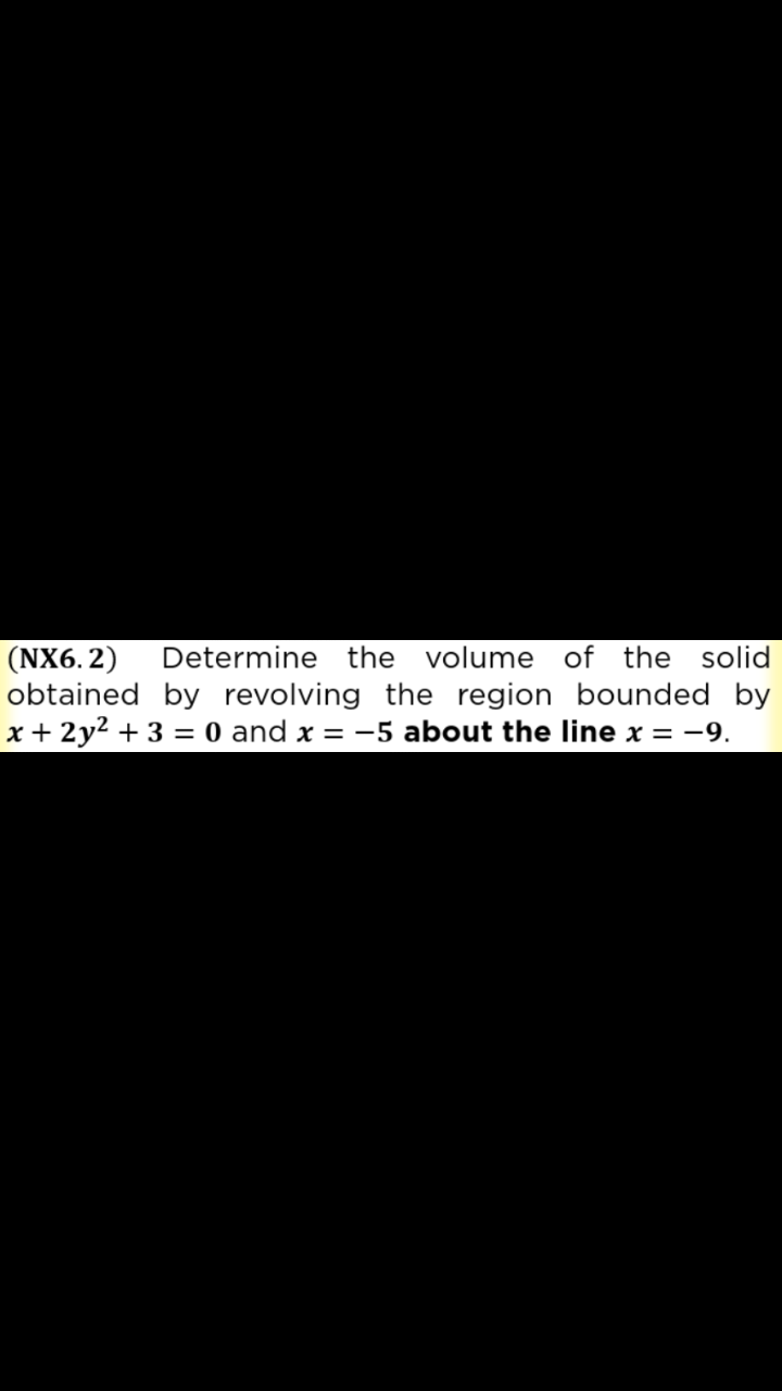 (NX6. 2)
obtained by revolving the region bounded by
x + 2y2 + 3 = 0 and x = -5 about the line x = -9.
Determine the volume of the solid
