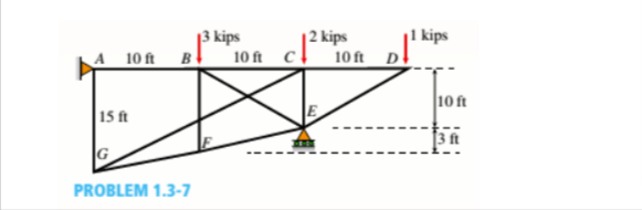 3 kips
I kips
A 10 ft
10 ft C
|2 kips
10 ft
B
10 ft
15 ft
3 ft
G
PROBLEM 1.3-7
