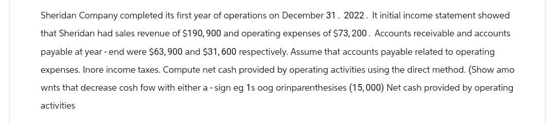 Sheridan Company completed its first year of operations on December 31. 2022. It initial income statement showed
that Sheridan had sales revenue of $190,900 and operating expenses of $73,200. Accounts receivable and accounts
payable at year-end were $63,900 and $31,600 respectively. Assume that accounts payable related to operating
expenses. Inore income taxes. Compute net cash provided by operating activities using the direct method. (Show amo
wnts that decrease cosh fow with either a sign eg 1s oog orinparenthesises (15,000) Net cash provided by operating
activities