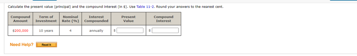 Calculate the present value (principal) and the compound interest (in $). Use Table 11-2. Round your answers to the nearest cent.
Nominal
Rate (%)
Compound
Term of
Interest
Present
Compound
Amount
Investment
Compounded
Value
Interest
$200,000
10 years
4
annually
$
Need Help?
Read It
