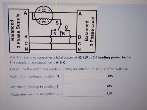 CC
PC S₂
B
The 3-phase load consumes a totál power of 42 kW at 0.4 leading power factor.
The supply phase sequence is A-B-C.
Determine the wattmeter reading (in KW) for different positions of the switch S
kW
Wattmeter reading in position N =
Wattmeter reading in position B =
Wattmeter reading in position C=
Balanced
3 Phase Supply
A
BCN
ان
A
BCN
Balanced
3 Phase Load
kW
kW