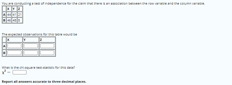 You are conducting a test of independence for the claim that there is an association between the row variable and the column variable.
X Y Z
A 44 41 21
B 46 48 8
The expected observations for this table would be
Y
What is the chi-square test-statistic for this data?
Report all answers accurate to three decimal places.
