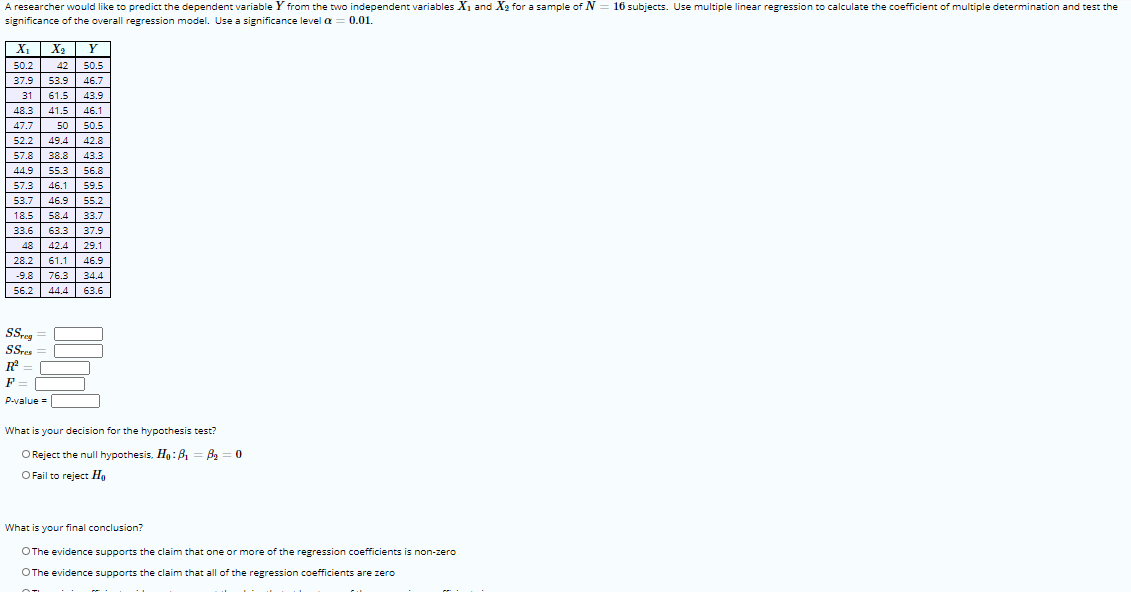 A researcher wvould like to predict the dependent variable Y from the two independent variables X1 and X2 for a sample of N = 16 subjects. Use multiple linear regression to calculate the coefficient of multiple determination and test the
significance of the overall regression model. Use a significance levela = 0.01.
X1
X2
50.2
42
50.5
37.9
53.9
46.7
31
61.5
43.9
48.3
41.5
46.1
47.7
50
50.5
52.2
49.4
42.8
57.8
38.8
43.3
44.9
55.3
56.8
57.3
46.1
59.5
53.7
46.9
55.2
18.5
58.4
33.7
33.6
63.3
37.9
48
42.4
29.1
28.2
61.1
46.9
-9.8
76.3
34.4
56.2
44.4| 63.6
SSres
%3D
F =
P-value =
What is your decision for the hypothesis test?
O Reject the null hypothesis, Ho:B = B2 = 0
O Fail to reject Ho
What is your final conclusion?
OThe evidence supports the claim that one or more of the regression coefficients is non-zero
OThe evidence supports the claim that all of the regression coefficients are zero

