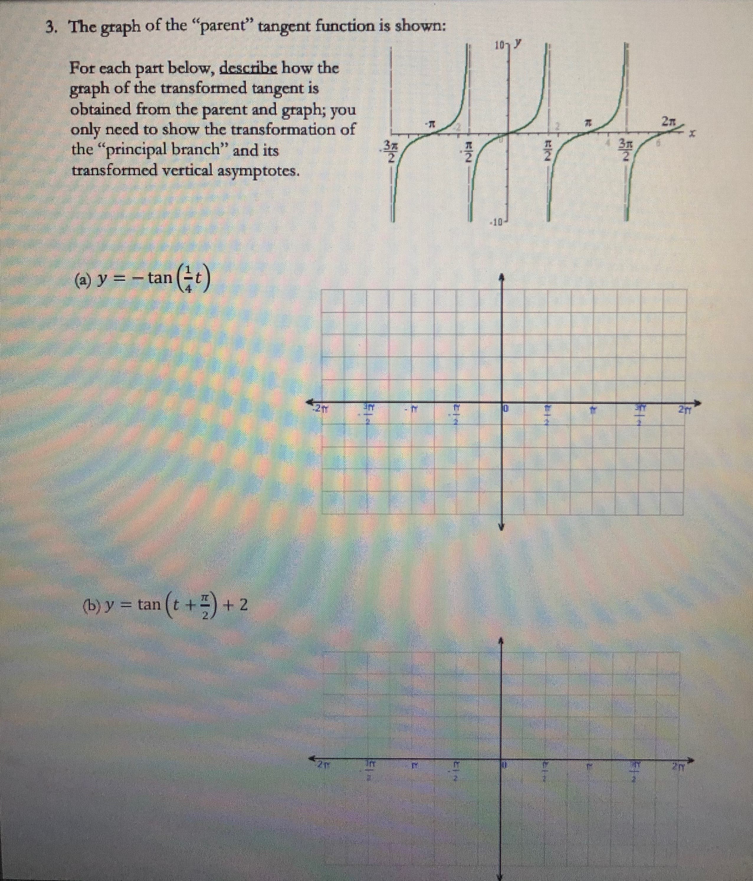 For each part below, describe how the
graph of the transformed tangent is
obtained from the parent and graph; you
only need to show the transformation of
the "principal branch" and its
transformed vertical asymptotes.
