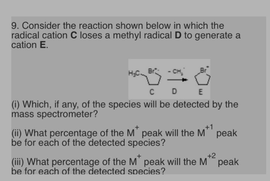 9. Consider the reaction shown below in which the
radical cation C loses a methyl radical D to generate a
cation E.
C D E
(i) Which, if any, of the species will be detected by the
mass spectrometer?
+
+1
(ii) What percentage of the M' peak will the M peak
be for each of the detected species?
+2
(iii) What percentage of the M' peak will the M peak
be for each of the detected species?
