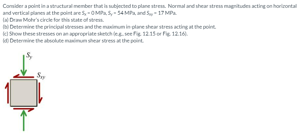 Consider a point in a structural member that is subjected to plane stress. Normal and shear stress magnitudes acting on horizontal
and vertical planes at the point are Sy = 0 MPa, Sy = 54 MPa, and Syy = 17 MPa.
(a) Draw Mohr's circle for this state of stress.
(b) Determine the principal stresses and the maximum in-plane shear stress acting at the point.
(c) Show these stresses on an appropriate sketch (e.g., see Fig. 12.15 or Fig. 12.16).
(d) Determine the absolute maximum shear stress at the point.
Sxy
