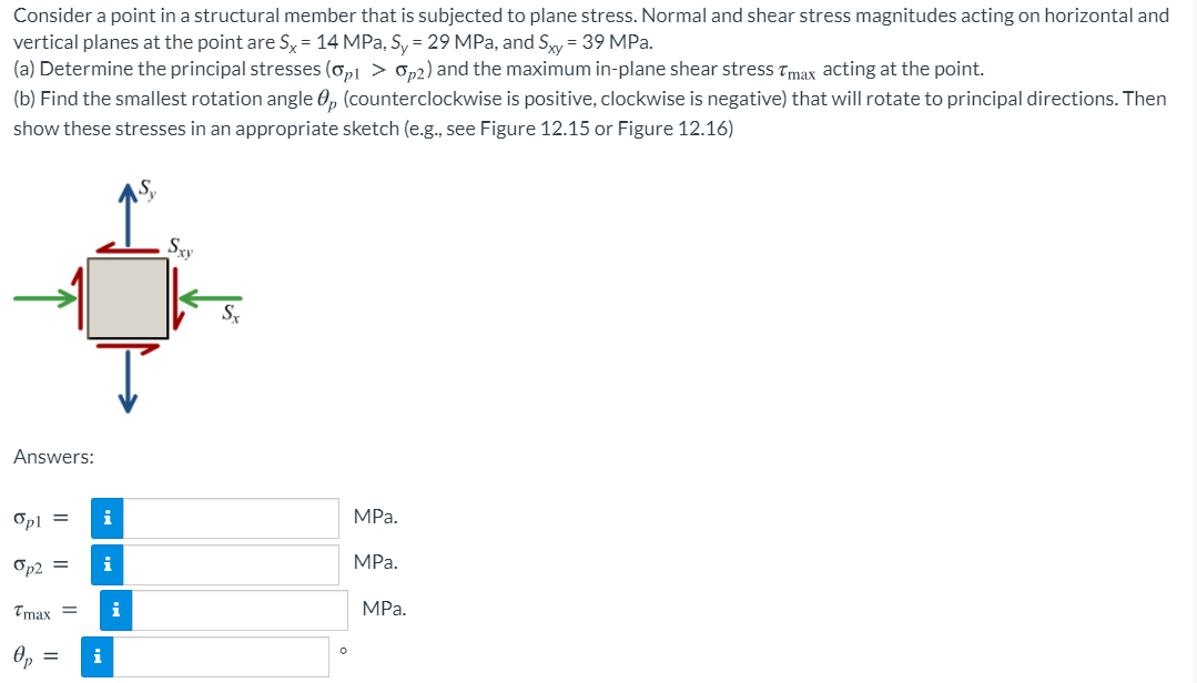 Consider a point in a structural member that is subjected to plane stress. Normal and shear stress magnitudes acting on horizontal and
vertical planes at the point are Sx= 14 MPa, S, = 29 MPa, and Sy = 39 MPa.
(a) Determine the principal stresses (o,1 > op2) and the maximum in-plane shear stress Tmax acting at the point.
(b) Find the smallest rotation angle 0, (counterclockwise is positive, clockwise is negative) that will rotate to principal directions. Then
show these stresses in an appropriate sketch (e.g., see Figure 12.15 or Figure 12.16)
Sy
Answers:
Opl =
i
MPa.
Op2 =
i
MPa.
Tmax =
i
MPa.
Op
i
