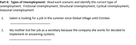 Part II: Types of Unemployment: Read each scenario and identify the correct type of
unemployment. Frictional Unemployment, Structural Unemployment, Cyclical Unemployment,
Seasonal Unemployment
Salem is looking for a job in the summer since Global Village until October.
1.
My mother lost her job as a secretary because the company she works for decided to
implement Al answering systems.
2.
