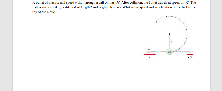 A bullet of mass m and speed v shot through a ball of mass M. After collision, the bullet travels at speed of v/2. The
ball is suspended by a stiff rod of length / and negligible mass. What is the speed and acceleration of the ball at the
top of the circle?
M
