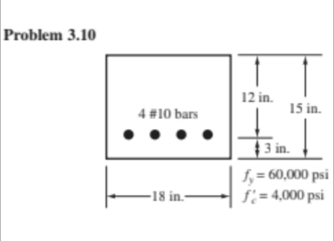 Problem 3.10
12 in.
15 in.
4 #10 bars
3 in.
f, = 60,000 psi
f:= 4,000 psi
18 in.-
