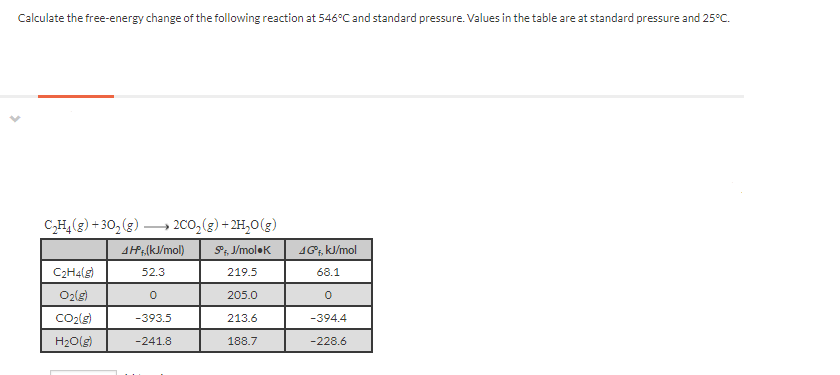 Calculate the free-energy change of the following reaction at 546°C and standard pressure. Values in the table are at standard pressure and 25°C.
C,H,(g) + 30,(g) – 200,(g) + 2H,0(g)
AH(kJ/mol)
Si, J/moleK
AG, kJ/mol
C2H4(g)
52.3
219.5
68.1
O2lg)
205.0
-393.5
213.6
-394.4
H20(g)
-241.8
188.7
-228.6
