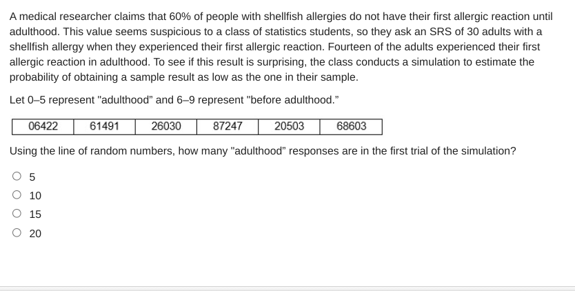 A medical researcher claims that 60% of people with shellfish allergies do not have their first allergic reaction until
adulthood. This value seems suspicious to a class of statistics students, so they ask an SRS of 30 adults with a
shellfish allergy when they experienced their first allergic reaction. Fourteen of the adults experienced their first
allergic reaction in adulthood. To see if this result is surprising, the class conducts a simulation to estimate the
probability of obtaining a sample result as low as the one in their sample.
Let 0-5 represent "adulthood" and 6–9 represent "before adulthood."
06422
61491
26030
87247
20503
68603
Using the line of random numbers, how many "adulthood" responses are in the first trial of the simulation?
O 5
10
O 15
O 20
