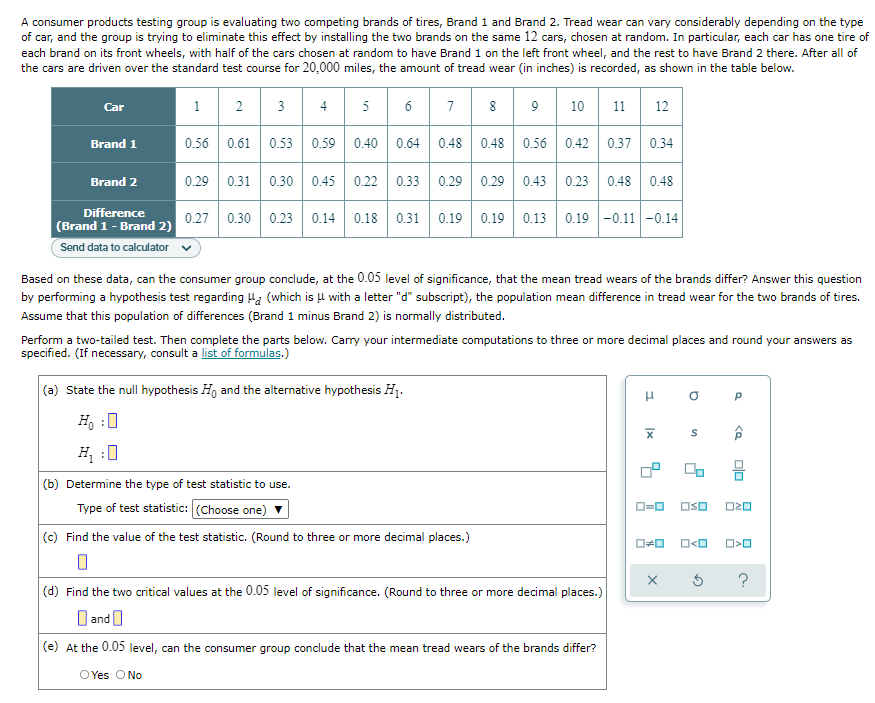 A consumer products testing group is evaluating two competing brands of tires, Brand 1 and Brand 2. Tread wear can vary considerably depending on the type
of car, and the group is trying to eliminate this effect by installing the two brands on the same 12 cars, chosen at random. In particular, each car has one tire of
each brand on its front wheels, with half of the cars chosen at random to have Brand 1 on the left front wheel, and the rest to have Brand 2 there. After all of
the cars are driven over the standard test course for 20,000 miles, the amount of tread wear (in inches) is recorded, as shown in the table below.
Car
1
2 3
4 5
6
7 8 9 10
11
12
Brand 1
0.56 0.61 0.53
0.59 0.40 0.64 0.48
0.48 0.56 0.42 0.37
0.34
Brand 2
0.29 0.31 0.30 0.45 0.22 0.33
0.29
0.29 0.43 0.23 0.48 0.48
Difference
(Brand 1 - Brand 2)
0.27 0.30 0.23 0.14 0.18 0.31
0.19 0.19 0.13 0.19 -0.11 -0.14
Send data to calculator
Based on these data, can the consumer group conclude, at the 0.05 level of significance, that the mean tread wears of the brands differ? Answer this question
by performing a hypothesis test regarding (which is μ with a letter "d" subscript), the population mean difference in tread wear for the two brands of tires.
Assume that this population of differences (Brand 1 minus Brand 2) is normally distributed.
Perform a two-tailed test. Then complete the parts below. Carry your intermediate computations to three or more decimal places and round your answers as
specified. (If necessary, consult a list of formulas.)
(a) State the null hypothesis Ho and the alternative hypothesis H₁.
Р
Ho :O
H₁ :0
X S Â
(b) Determine the type of test statistic to use.
Type of test statistic: (Choose one)
0=0
OSO
020
(c) Find the value of the test statistic. (Round to three or more decimal places.)
O<O O>O
0
X
?
(d) Find the two critical values at the 0.05 level of significance. (Round to three or more decimal places.)
and
(e) At the 0.05 level, can the consumer group conclude that the mean tread wears of the brands differ?
O Yes O No
150
3
O#O
D
00