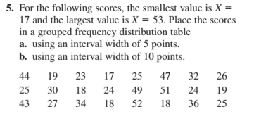 5. For the following scores, the smallest value is X =
17 and the largest value is X = 53. Place the scores
in a grouped frequency distribution table
a. using an interval width of 5 points.
b. using an interval width of 10 points.
44
19
23
17
25
47
32
26
25
30
18
24
49
51
24
19
43
27
34
18
52
18
36
25
