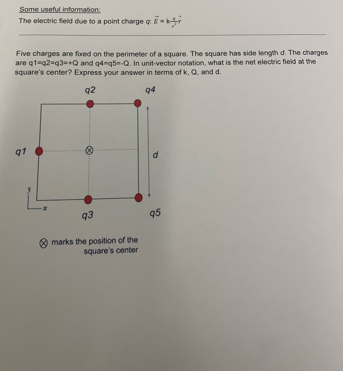 Some useful information:
The electric field due to a point charge q: E = kr
Five charges are fixed on the perimeter of a square. The square has side length d. The charges
are q1 q2=q3=+Q and q4=q5=-Q. In unit-vector notation, what is the net electric field at the
square's center? Express your answer in terms of k, Q, and d.
q2
94
q1
x
93
marks the position of the
square's center
95