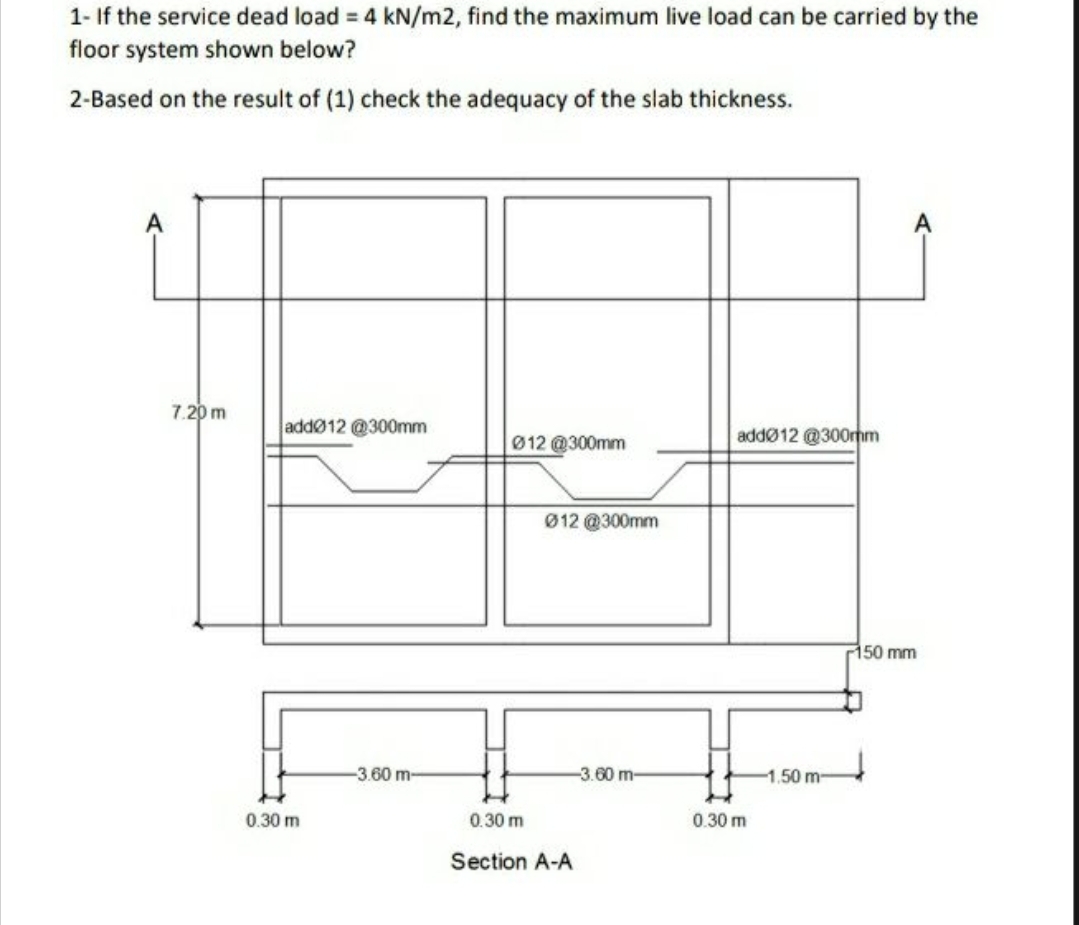 1- If the service dead load = 4 kN/m2, find the maximum live load can be carried by the
floor system shown below?
2-Based on the result of (1) check the adequacy of the slab thickness.
7.20 m
add012 @300mm
0.30 m
-3.60 m-
Ø12 @300mm
Ø12 @300mm
0.30 m
Section A-A
-3.60 m-
add012 @300mm
0.30 m
-1.50 m-
150 mm