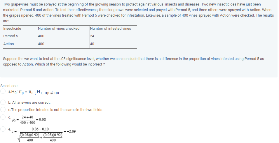 Two grapevines must be sprayed at the beginning of the growing season to protect against various insects and diseases. Two new insecticides have just been
marketed: Pernod 5 and Action. To test their effectiveness, three long rows were selected and prayed with Pernod 5, and three others were sprayed with Action. When
the grapes ripened, 400 of the vines treated with Pernod 5 were checked for infestation. Likewise, a sample of 400 vines sprayed with Action were checked. The results
are:
Insecticide
Number of vines checked
Number of infested vines
Pernod 5
400
24
Action
400
40
Suppose the we want to test at the .05 significance level, whether we can conclude that there is a difference in the proportion of vines infested using Pernod 5 as
opposed to Action. Which of the following would be incorrect ?
Select one:
a.Ho: Tp = Ma ; H1: np # Ma
b. All answers are correct.
O c.The proportion infested is not the same in the two fields
O d.
P.=
400 + 400
24+ 40
=0.08
0.06 – 0.10
-2.09
(0.08)(0.92) (0.08)(0.92)
400
400
