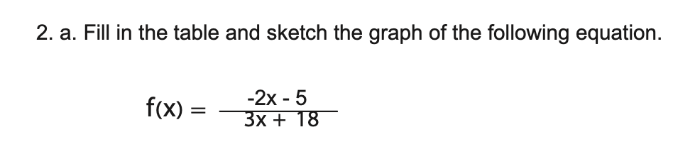 2. a. Fill in the table and sketch the graph of the following equation.
-2x - 5
f(x) =
3x + 18
=