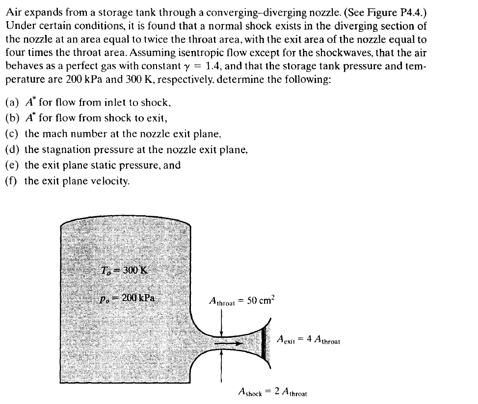 Air expands from a storage tank through a converging-diverging nozzle. (See Figure P4.4.)
Under certain conditions, it is found that a normal shock exists in the diverging section of
the nozzle at an area equal to twice the throat area, with the exit area of the nozzle equal to
four times the throat area. Assuming isentropic flow except for the shockwaves, that the air
behaves as a perfect gas with constant y = 1.4, and that the storage tank pressure and tem-
perature are 200 kPa and 300 K, respectively. determine the following:
(a) A* for flow from inlet to shock,
(b) A* for flow from shock to exit,
(c) the mach number at the nozzle exit plane,
(d) the stagnation pressure at the nozzle exit plane,
(e) the exit plane static pressure, and
(f) the exit plane velocity.
T= 300 K
Po= 200 kPa
Athroat = 50 cm?
Aexit = 4 Athroạt
Ashock = 2 Athroat
